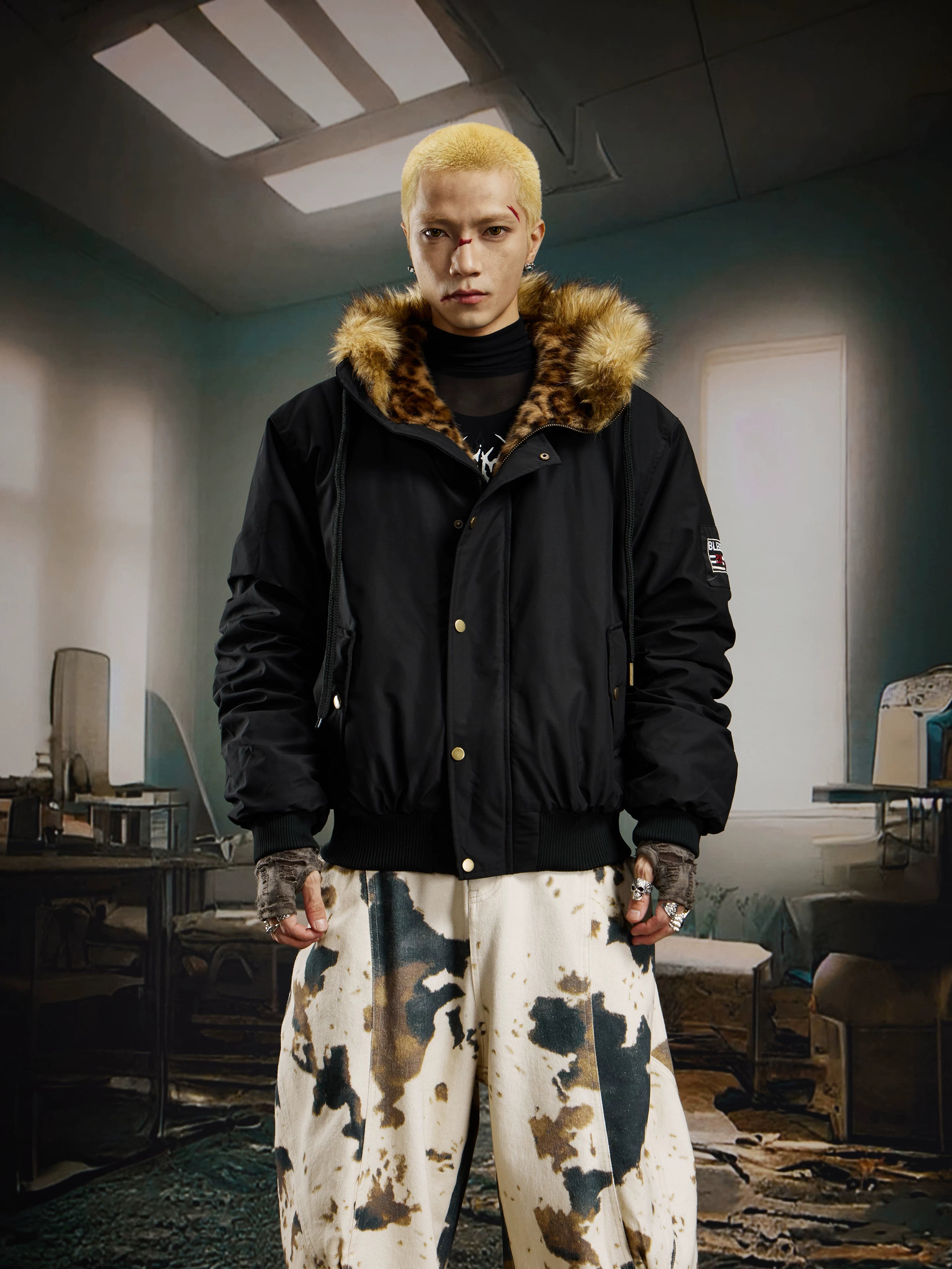 Frostline Fur‑Trim Hooded Bomber Jacket