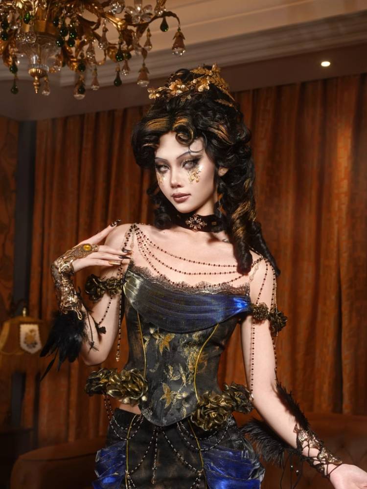 Victorian Beaded Choker Corset - Gold Butterfly Gothic Bustier Top