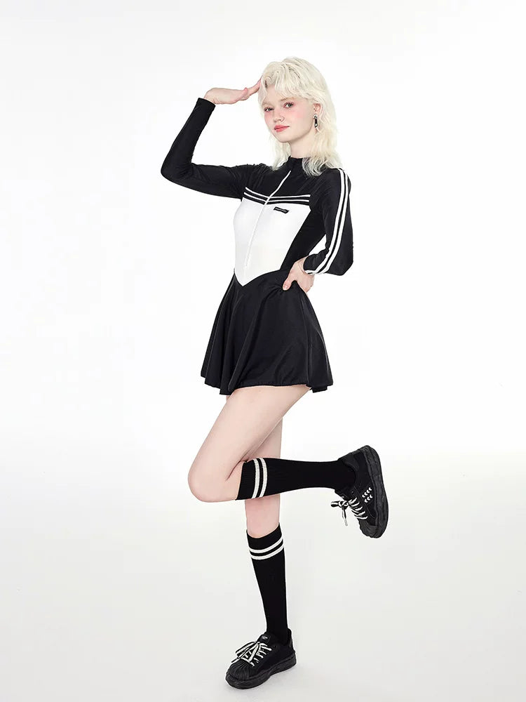 Monochrome Varsity Zip Skater Swimsuit