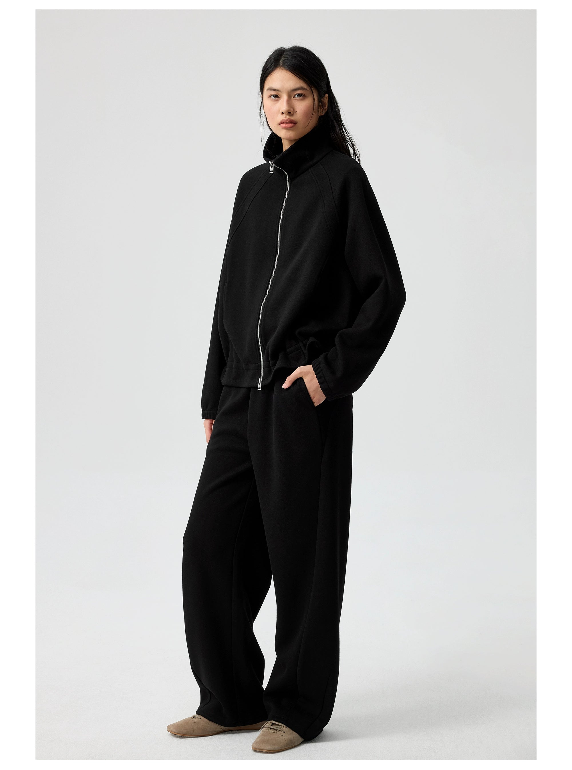 Relaxed Fit Fleece Zip-Up Track Jacket