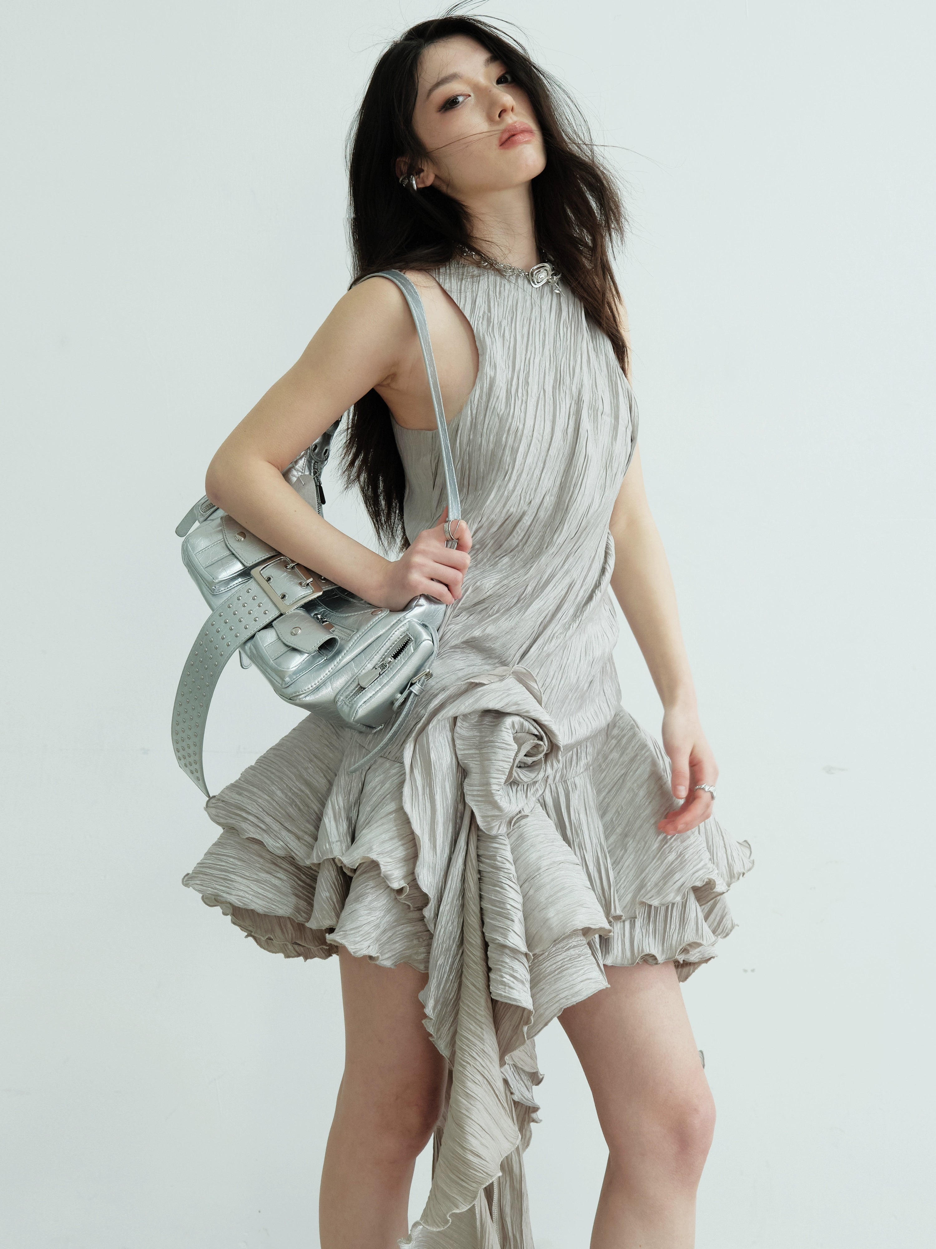 Asymmetric Ruffle Hem Metallic Party Dress Ash / S Asymmetric Ruffle Hem Metallic Party Dress Ash / S