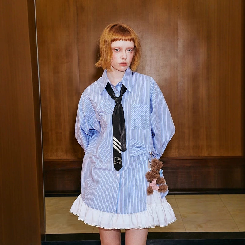 Oversized Blue Pinstripe Shirt Dress and Ruffle Skirt Setup