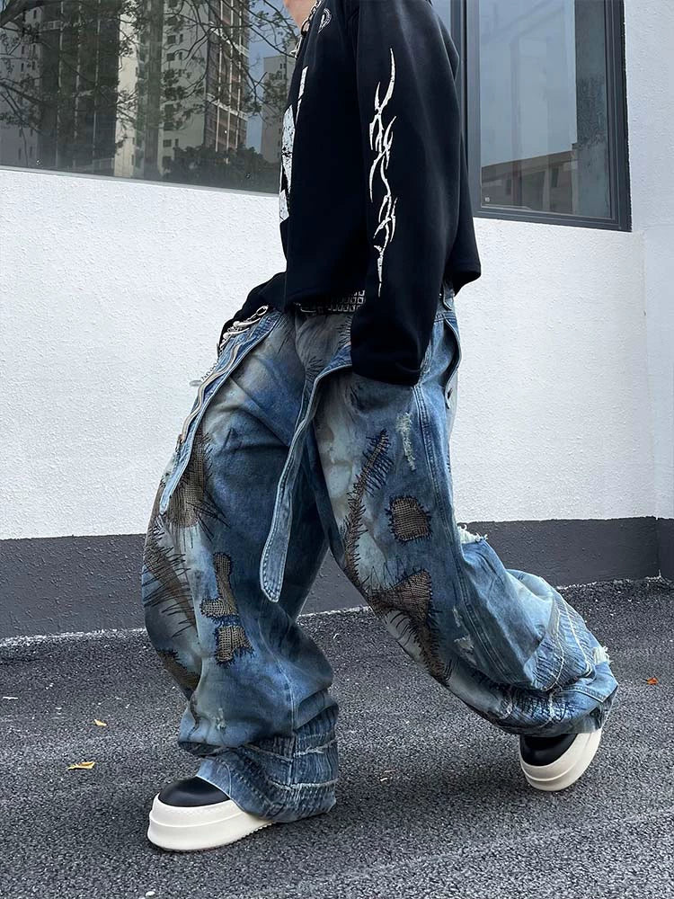 Patchwork Stitch Grunge Wide Leg Jeans