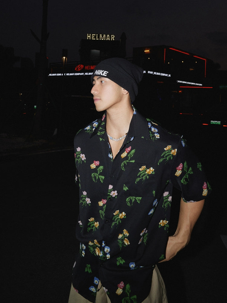 Black Floral Print Short Sleeve Shirt