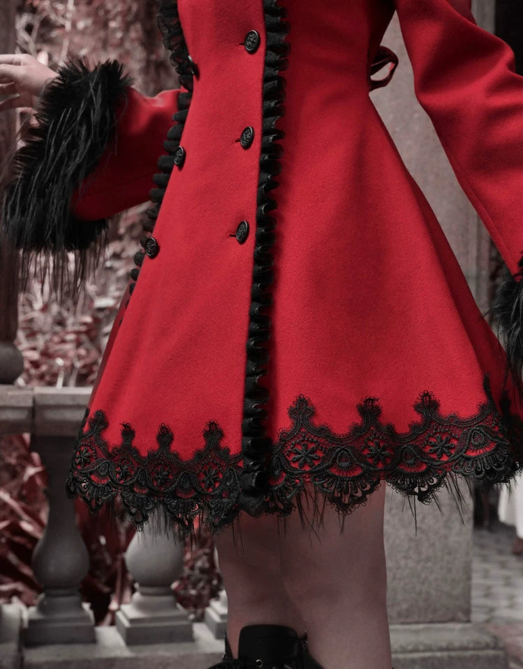 Crimson Faux Fur Trim Gothic Coat Dress