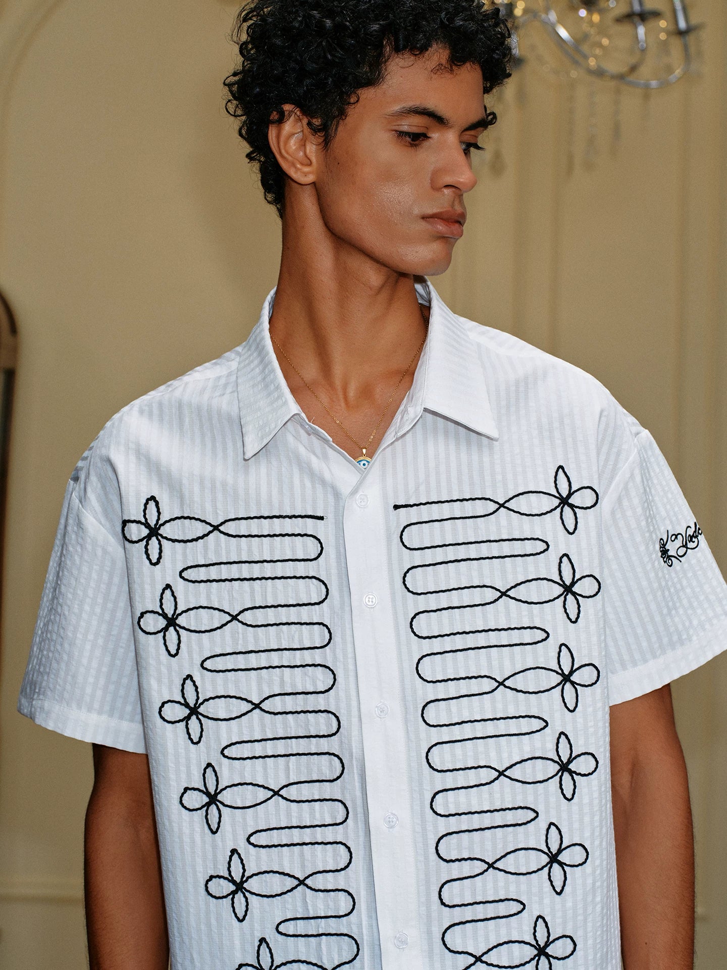 Embroidered Loop Detail Short Sleeve Shirt