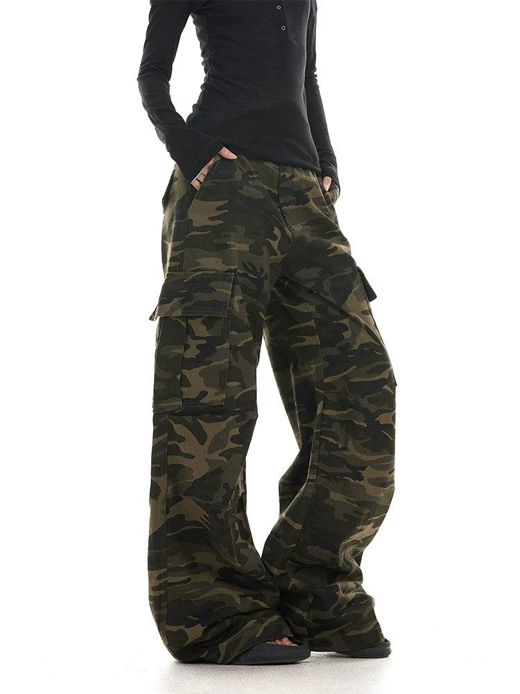 Washed camo cargo pants angled view