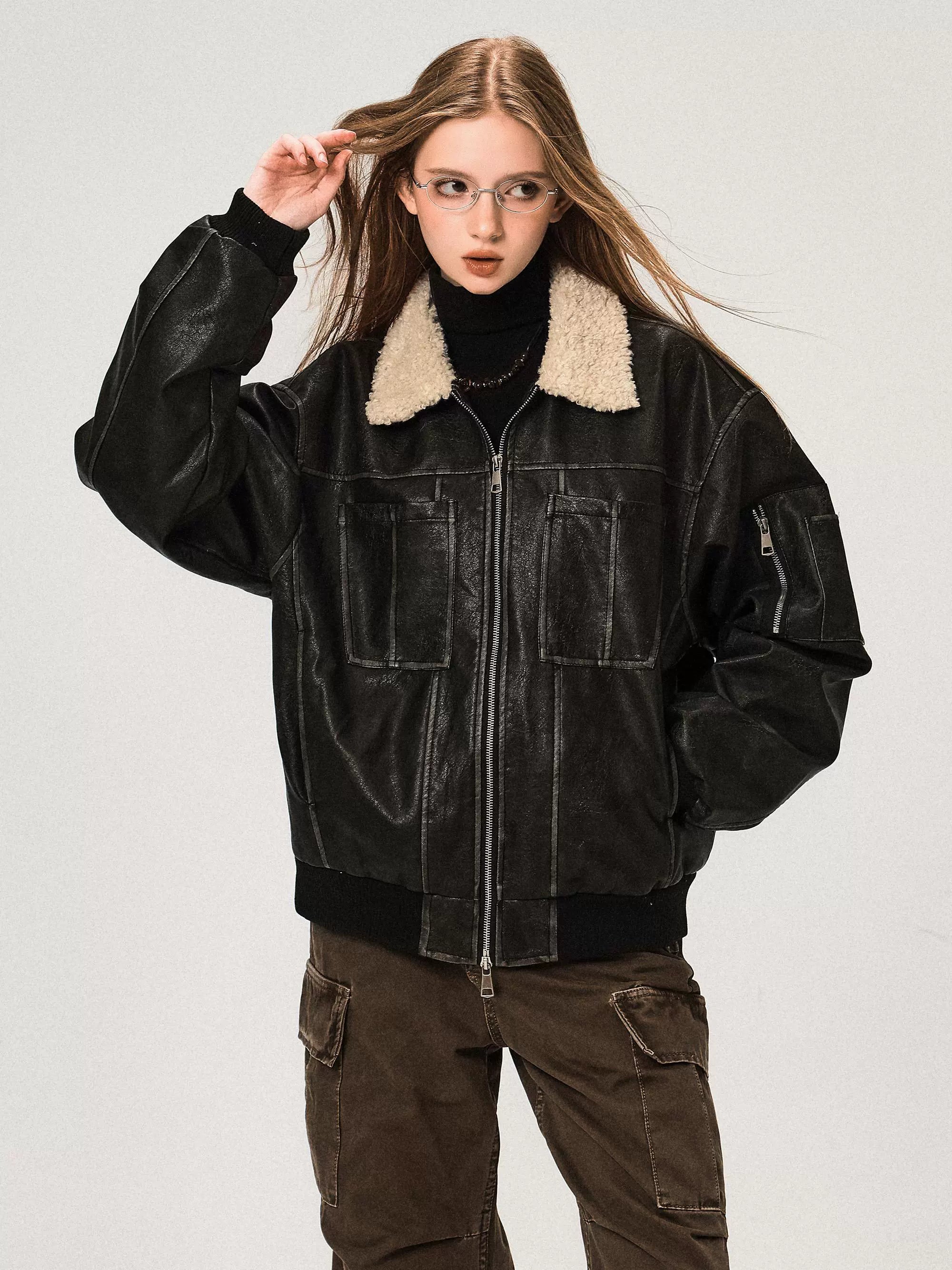 Veste en cuir PU avec col en laine d'agneau