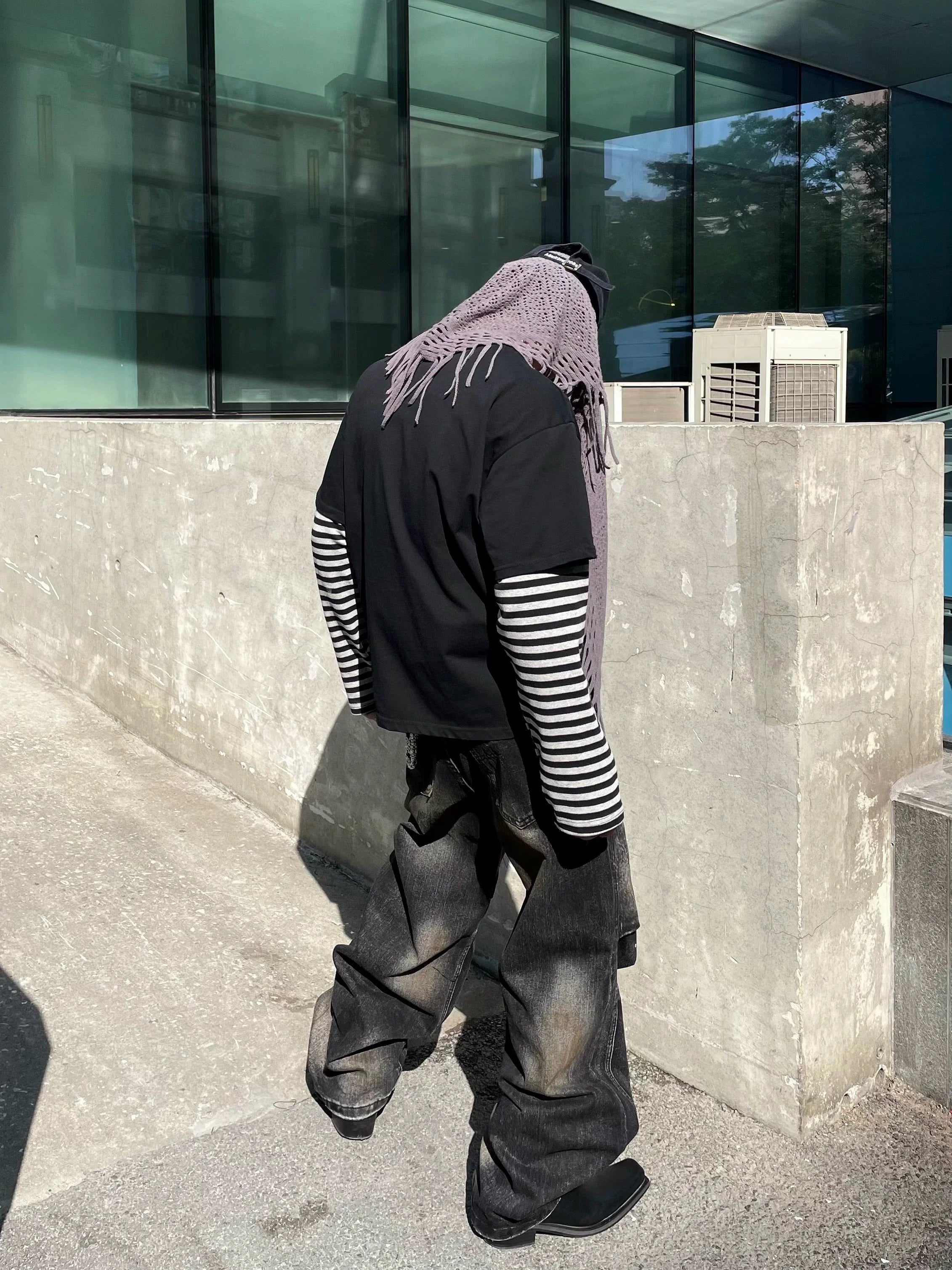 Vintage Band Graphic Tee with Striped Layered Sleeves