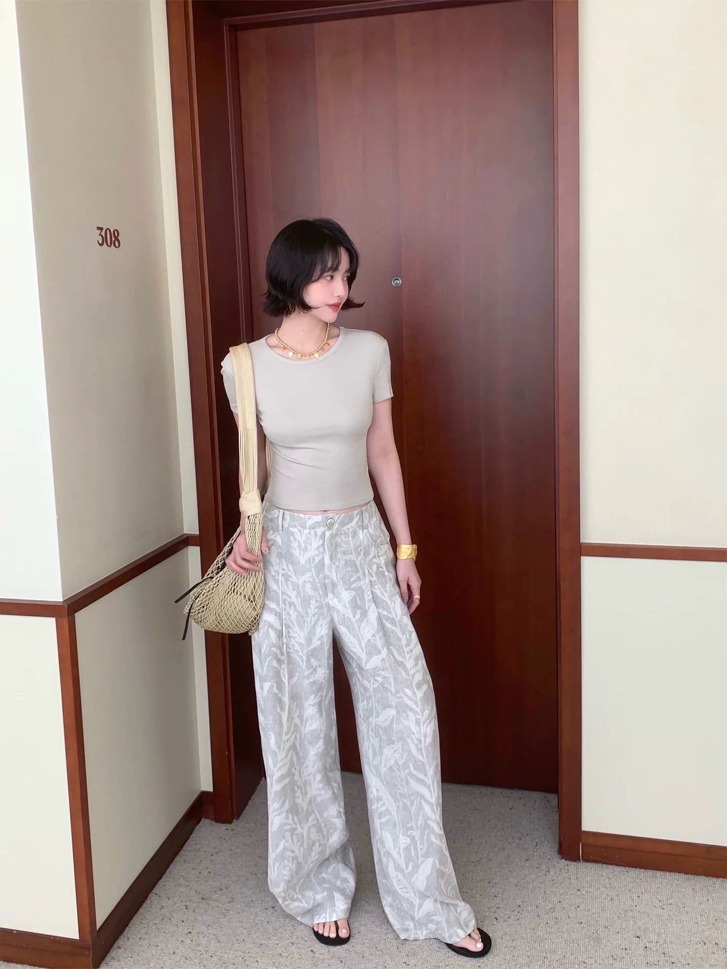 Gray Leaf Print Wide Leg Pants