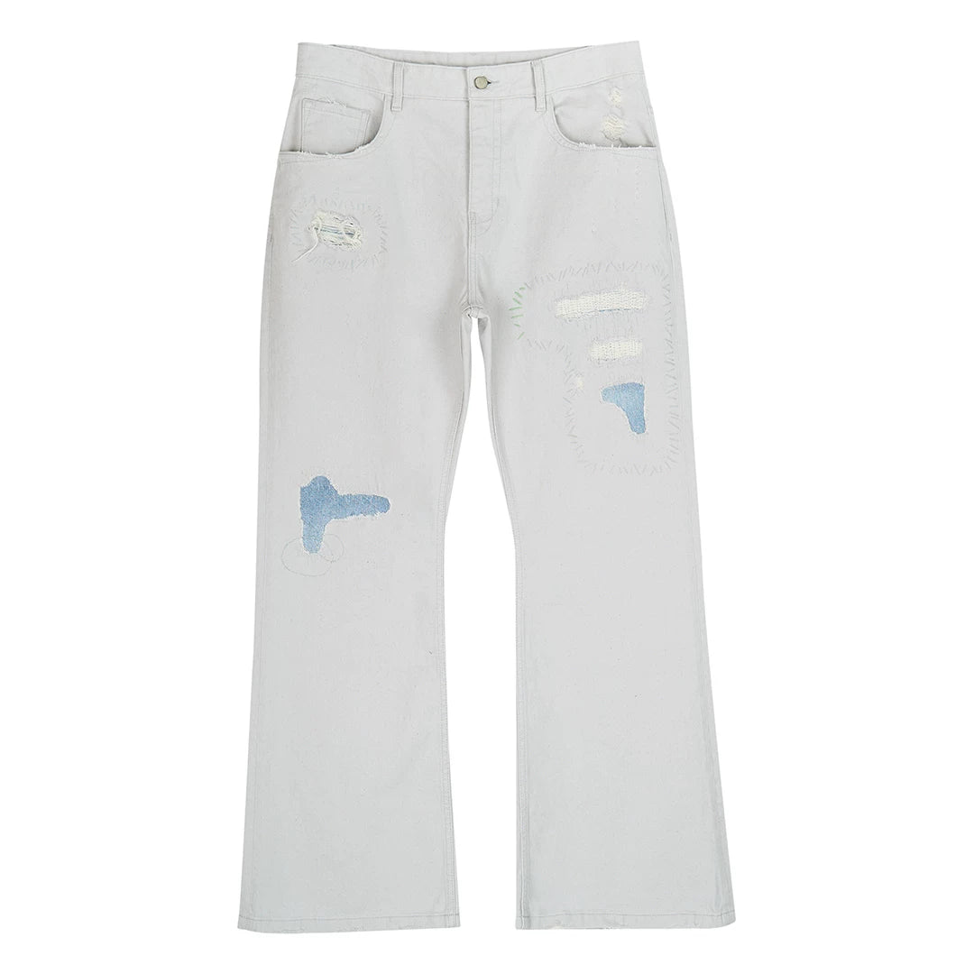 Patchwork Distressed Wide-Leg Jeans