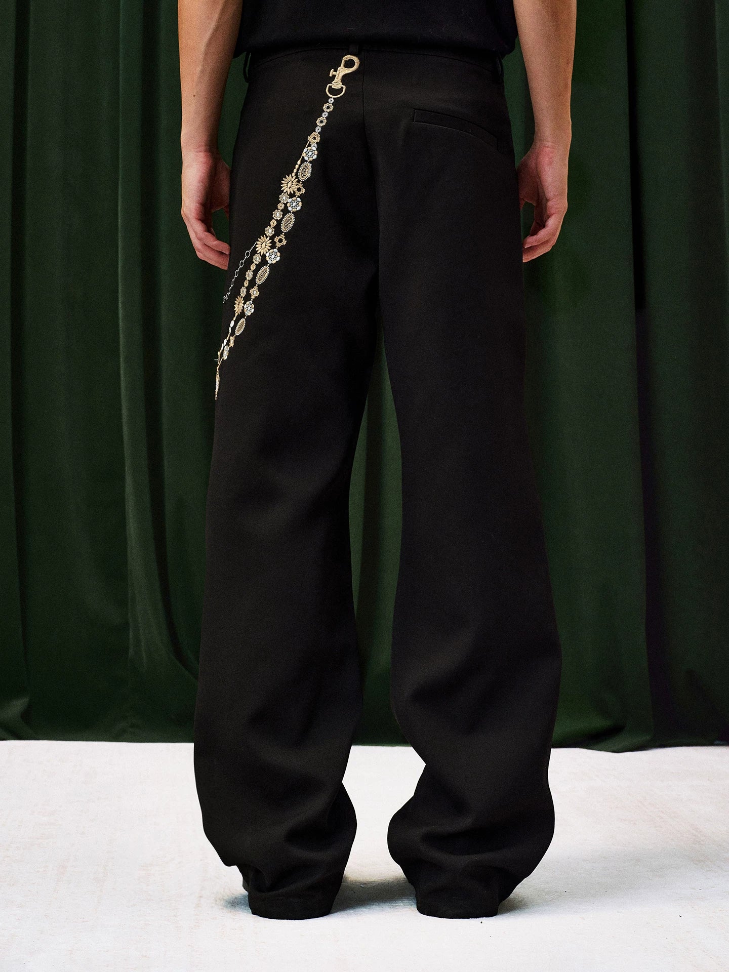 Jeweled Chain Detail Wide Leg Pants