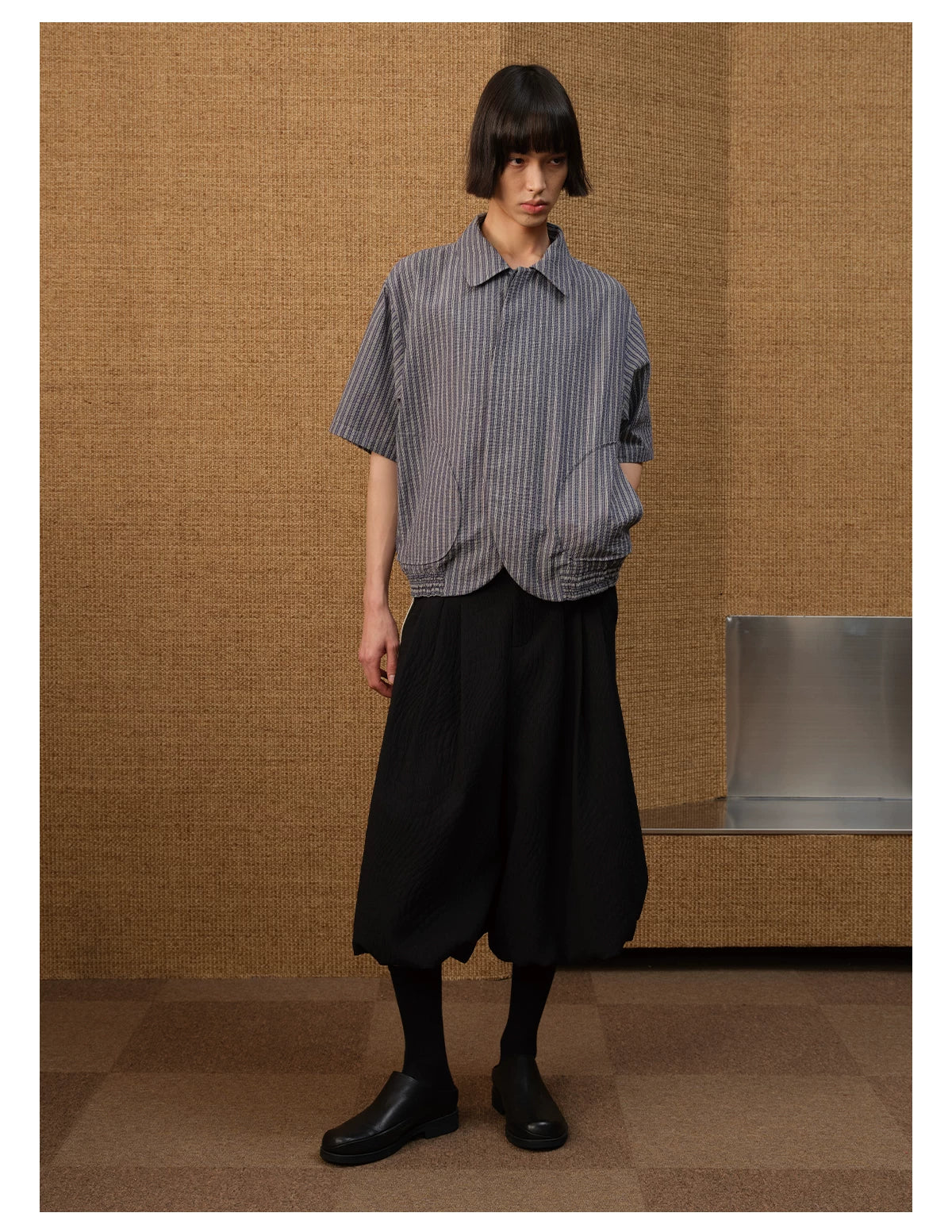 Vertical-Stripe Short-Sleeve Shirt with Curved Hem