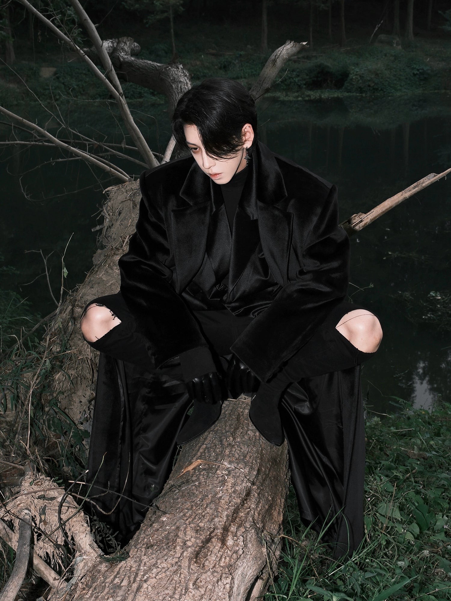 Black Velvet Belted Overcoat