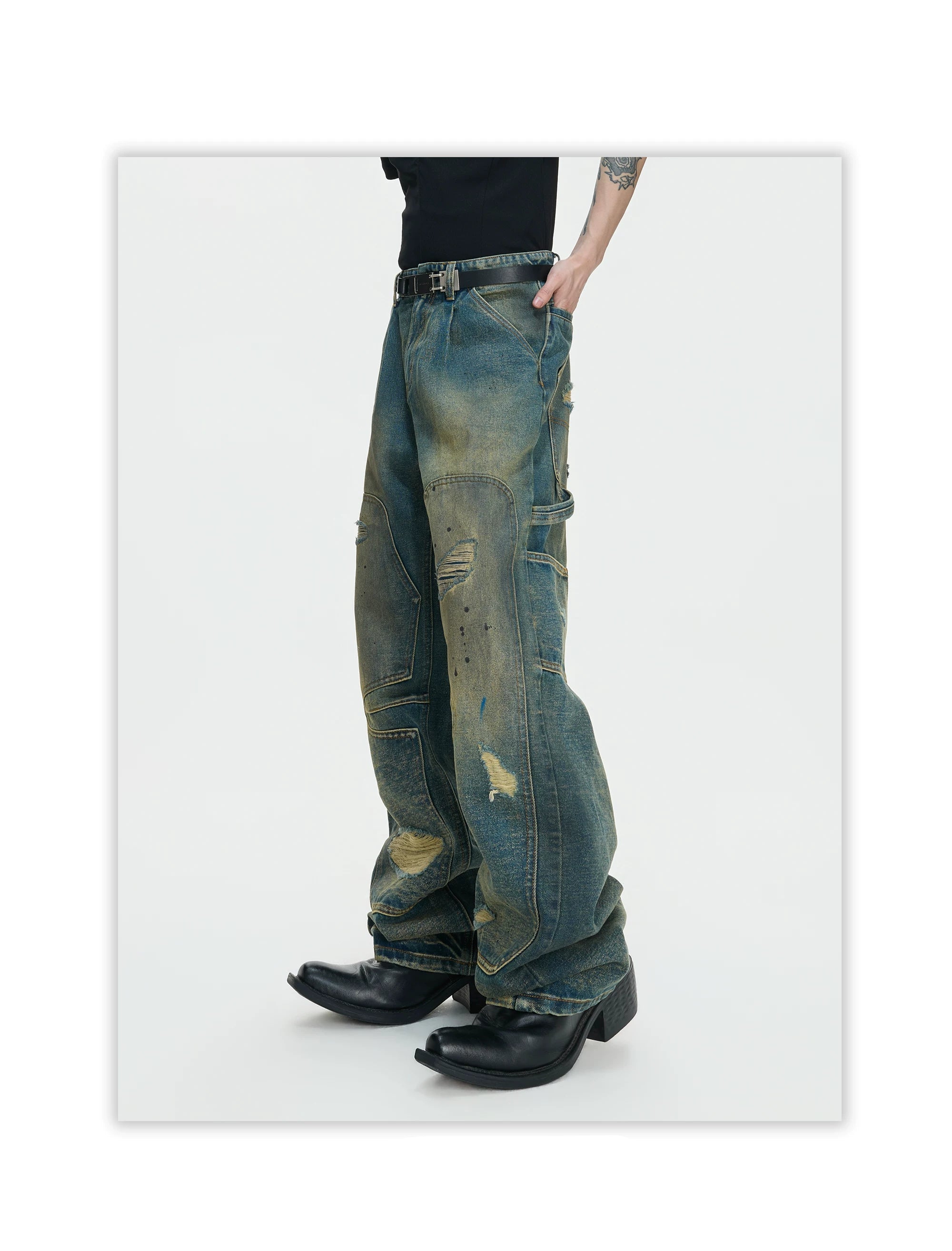 Distressed Panel Wide Leg Cargo Jeans