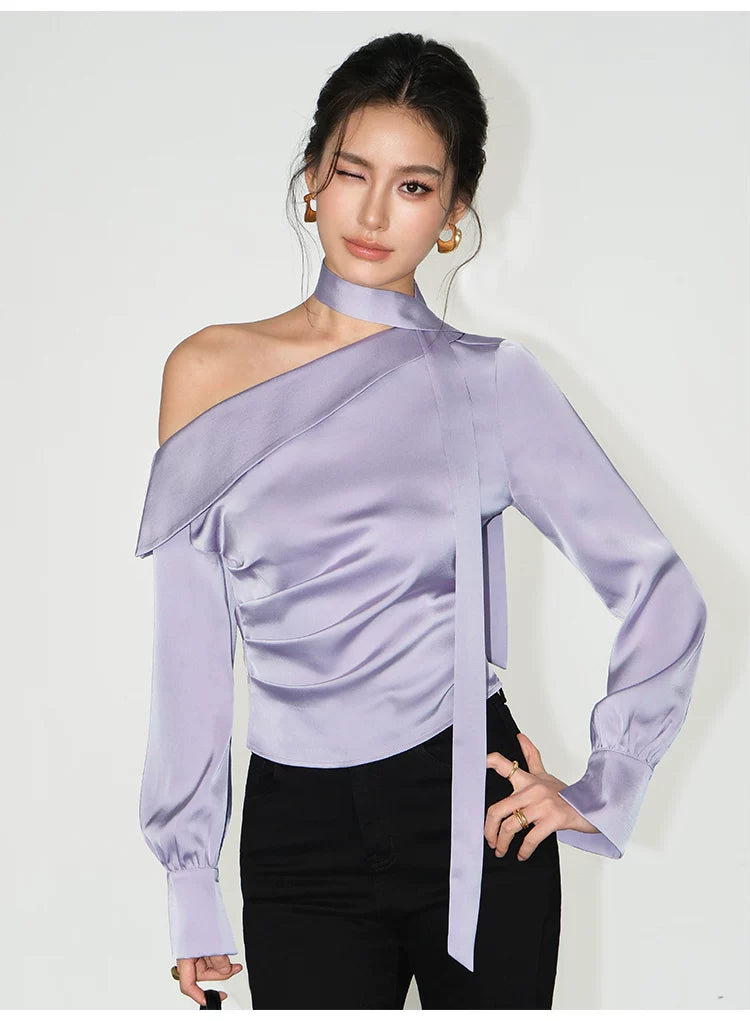Asymmetric Choker Satin Ruched Blouse