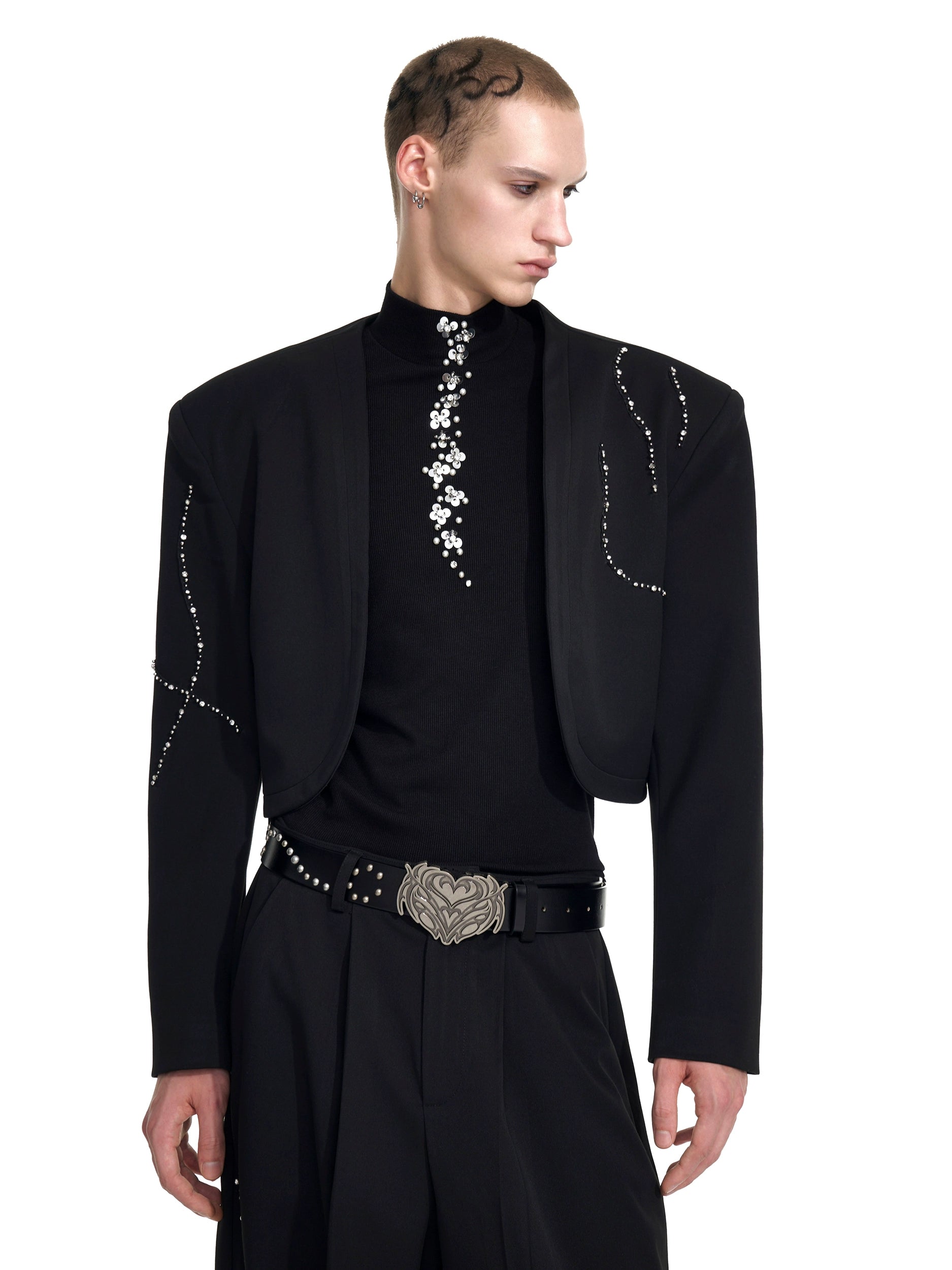 Black Cropped Blazer with Rhinestone Embellishments