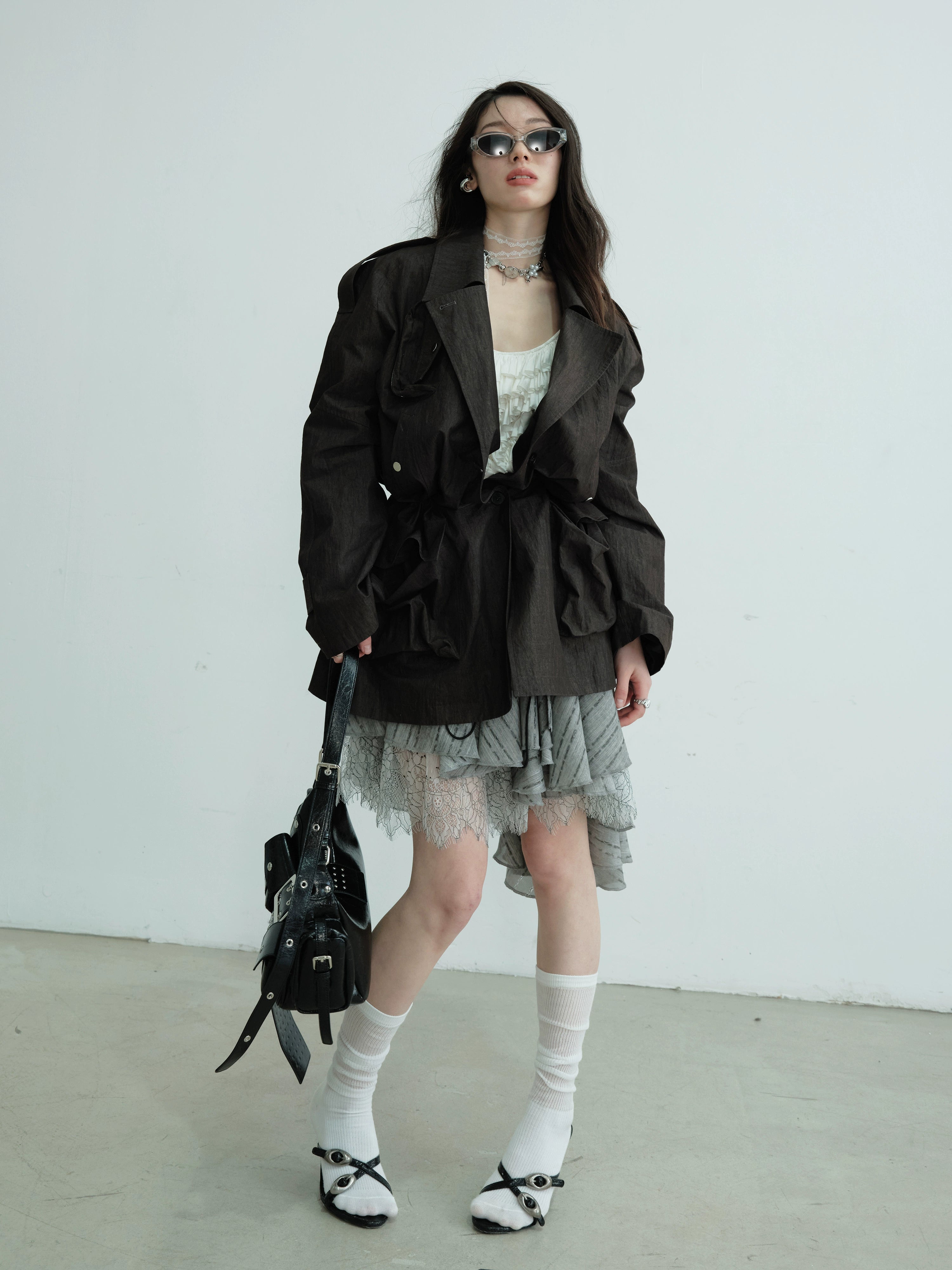 Belted Utility Pocket Military Jacket Black