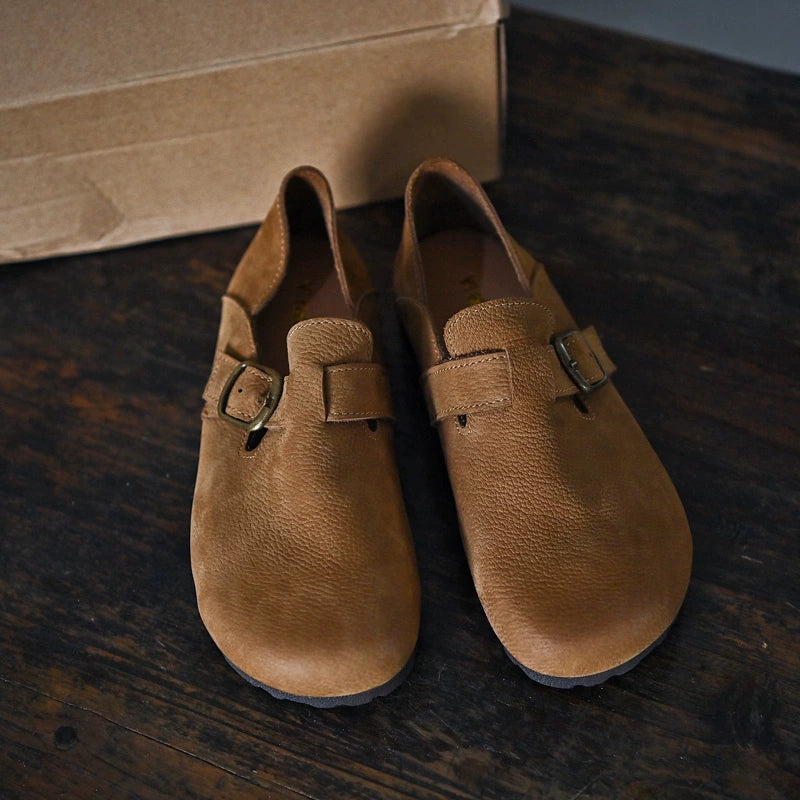 Brown Buckle Leather Slip-Ons