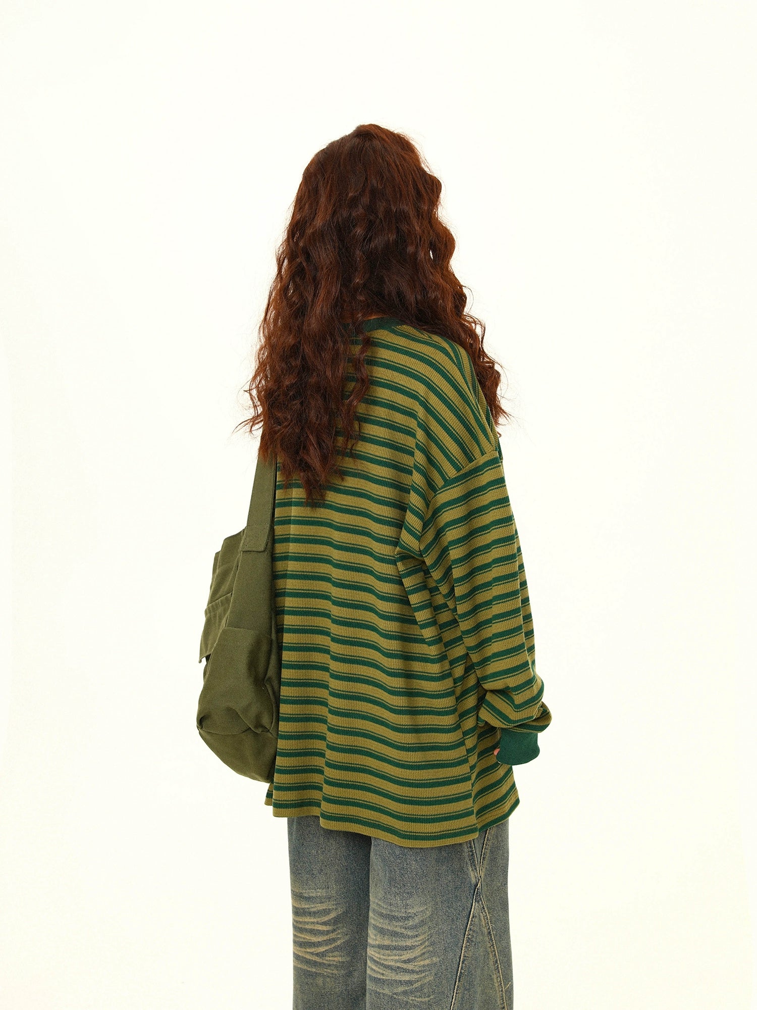 Green and Yellow Striped Oversized Long Sleeve Tee
