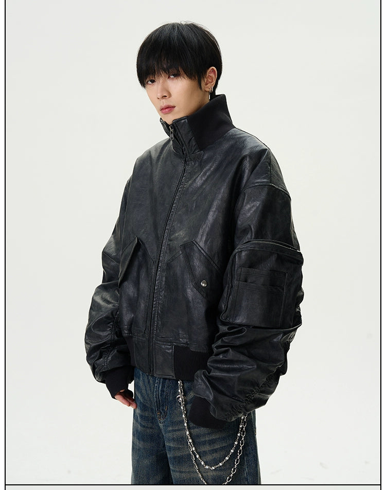 Functional Pocket Faux Leather Bomber Jacket