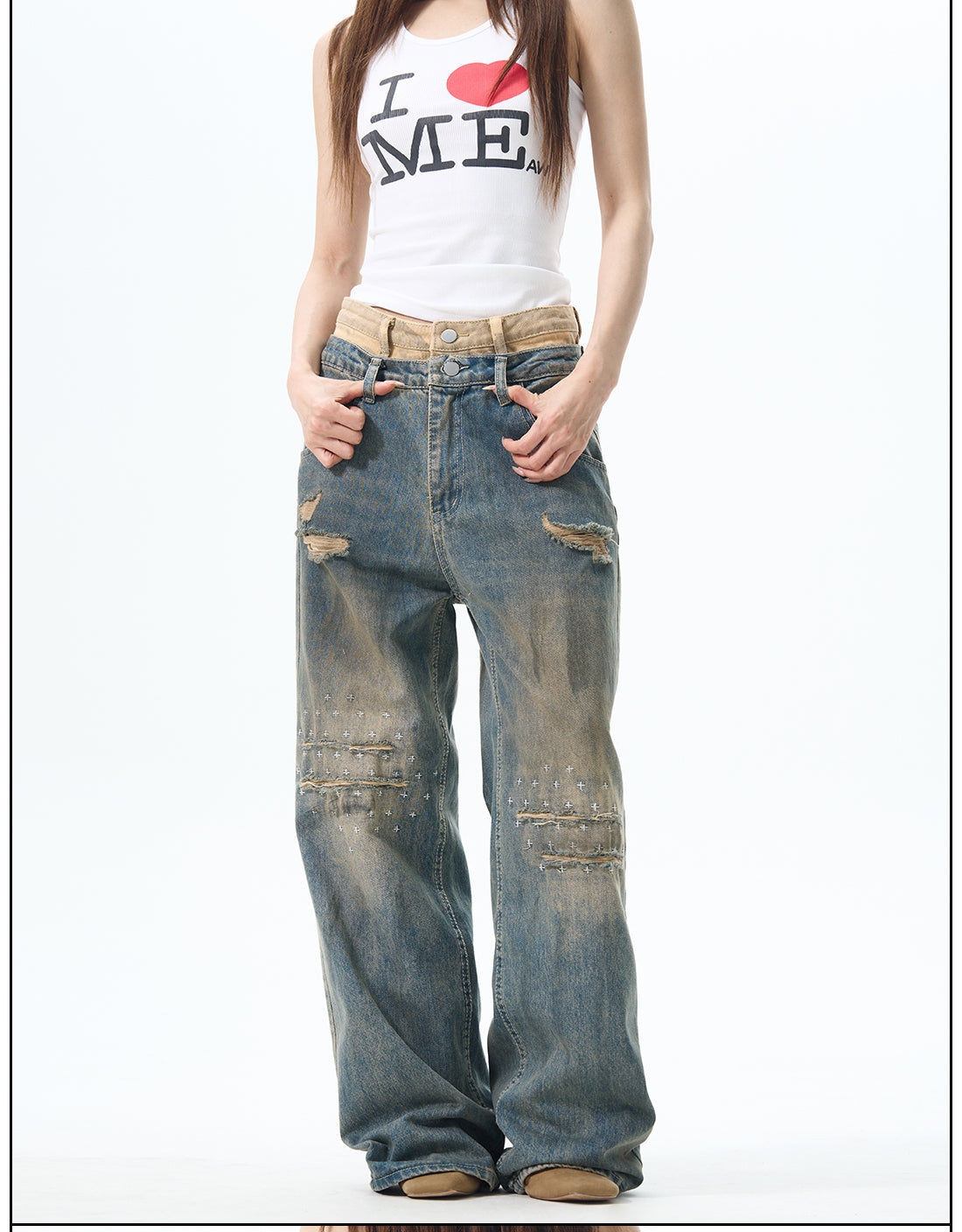 Heavily Distressed Wide Leg Cargo Jeans