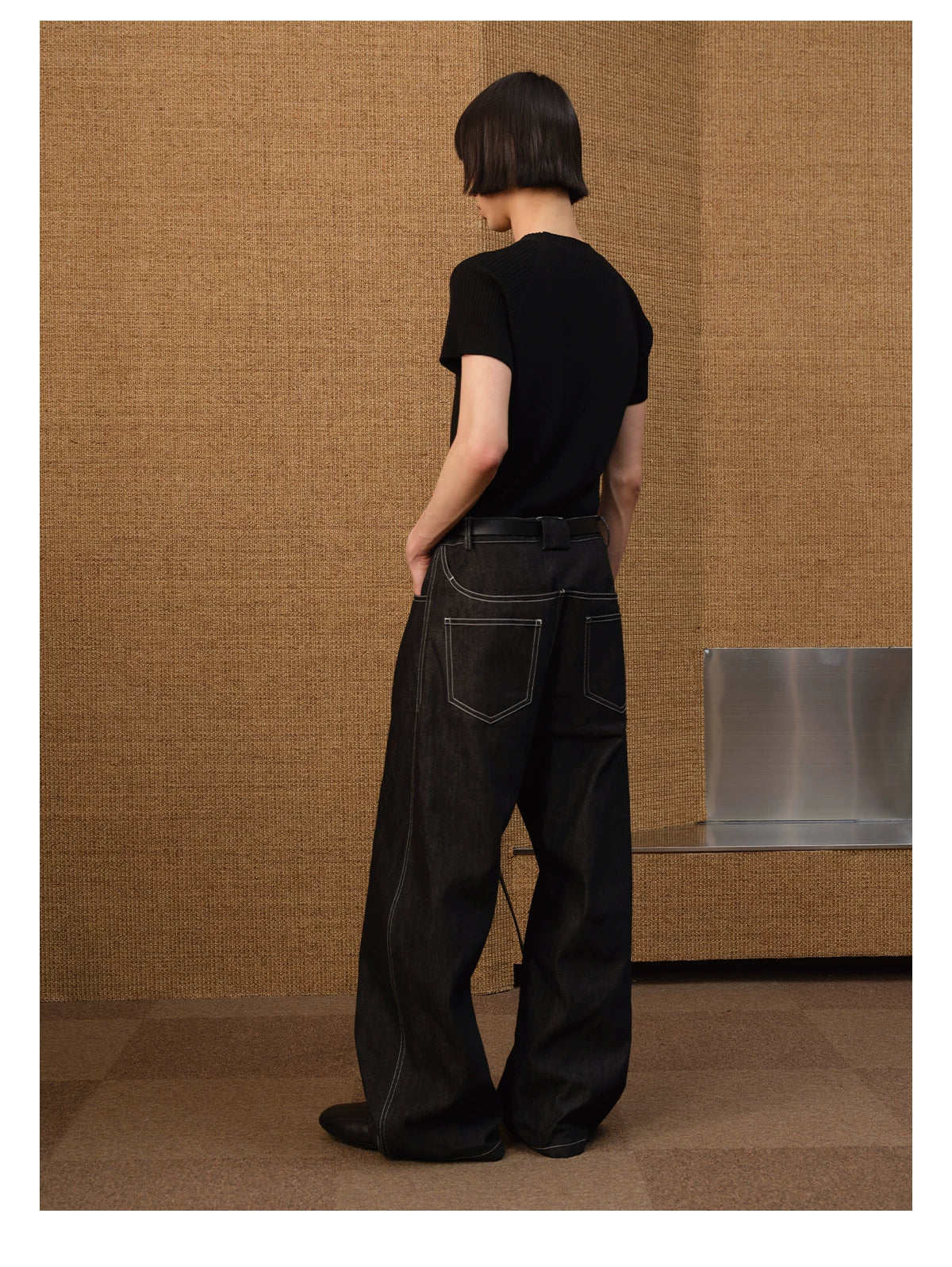 Black Contrast-Stitch Balloon Denim Trousers