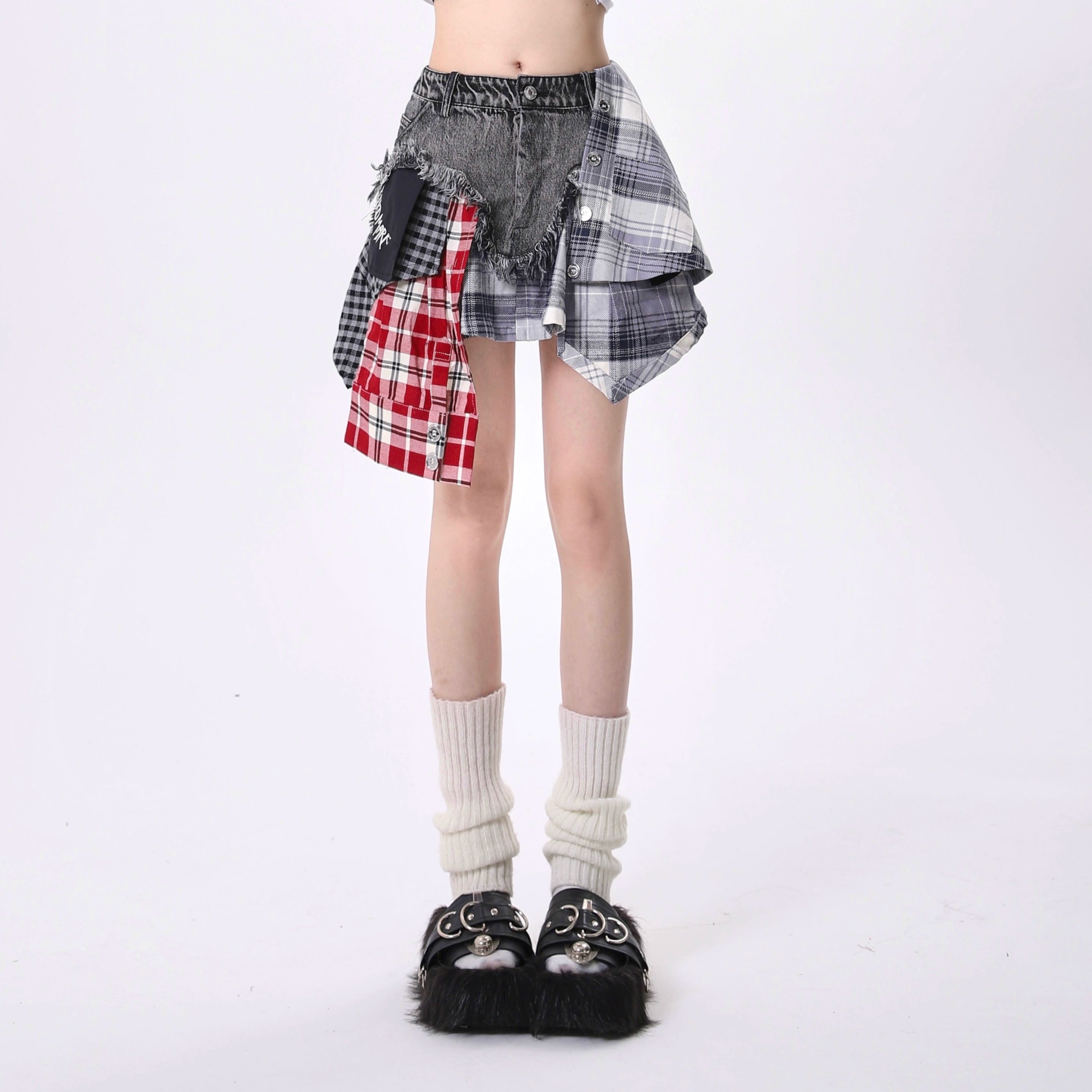 Mixed Plaid Patchwork Denim Mini Skirt