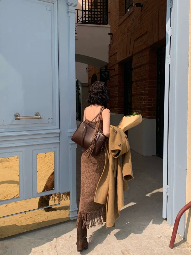 Sleeveless Knit Maxi Dress with Fringe Hem