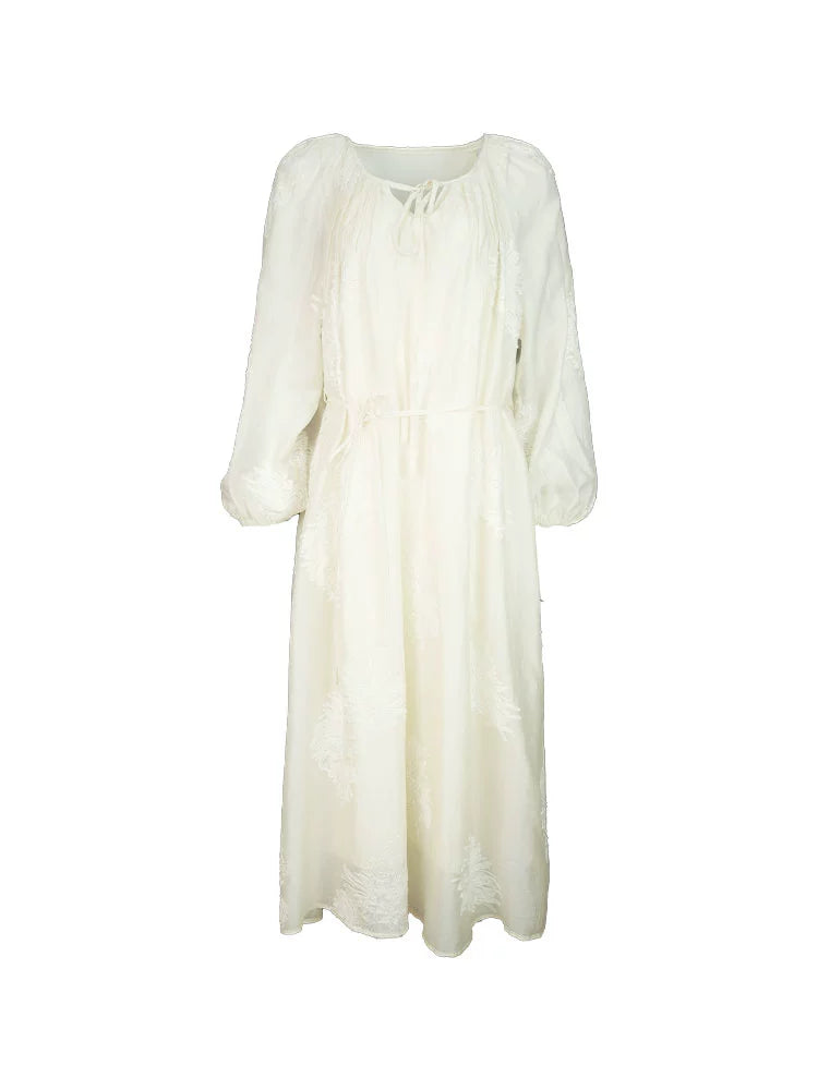 Vintage-Inspired Ivory Embroidered Long-Sleeve Maxi Dress