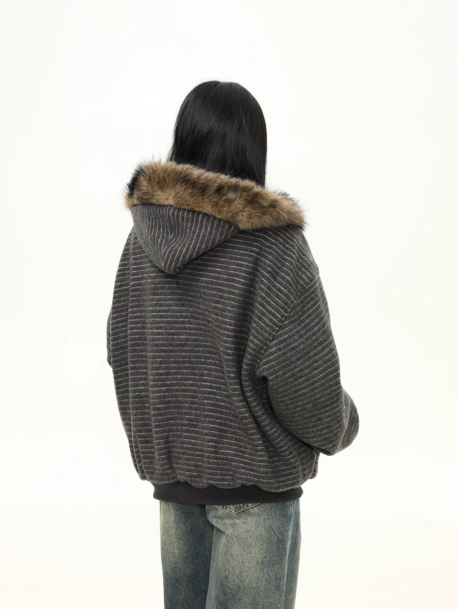 Frost Ridge Striped Faux Fur Hoodie Jacket
