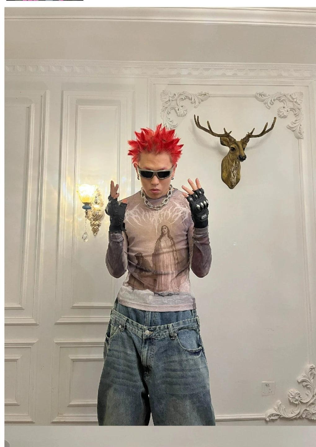 종교적 이미지 그래픽 긴팔 셔츠