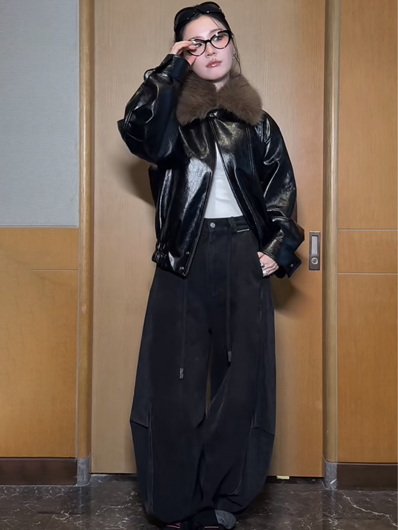 Layered Plaid Balloon Denim Pants