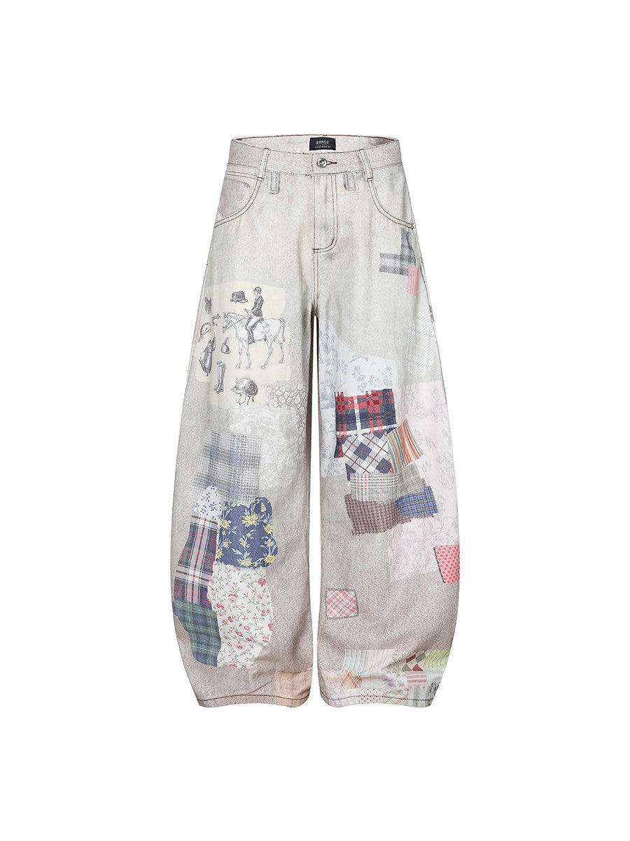 Men's 3D Digital-Print Mixed-Fabric Wide-Leg Jeans