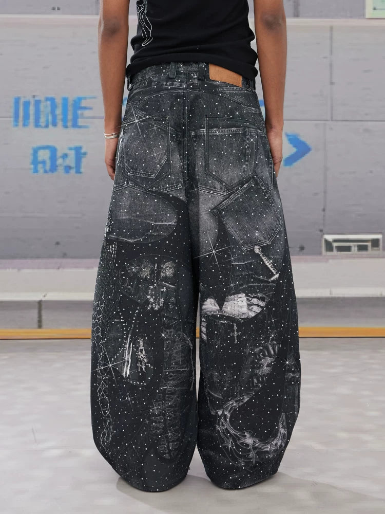 Gothic Collage Print Wide Leg Jeans