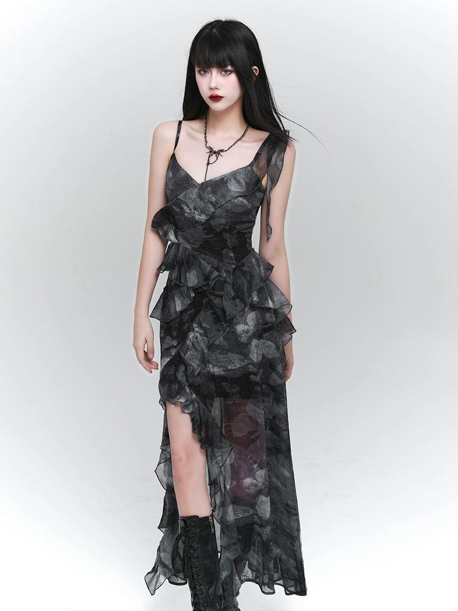 Ladyghost Dark Glamour Asymmetrical Maxi Dress - Women'S Sheer Floral Print Ruffle Dress With High Slit Ladyghost Dark Glamour Asymmetrical Maxi Dress - Women'S Sheer Floral Print Ruffle Dress With High Slit