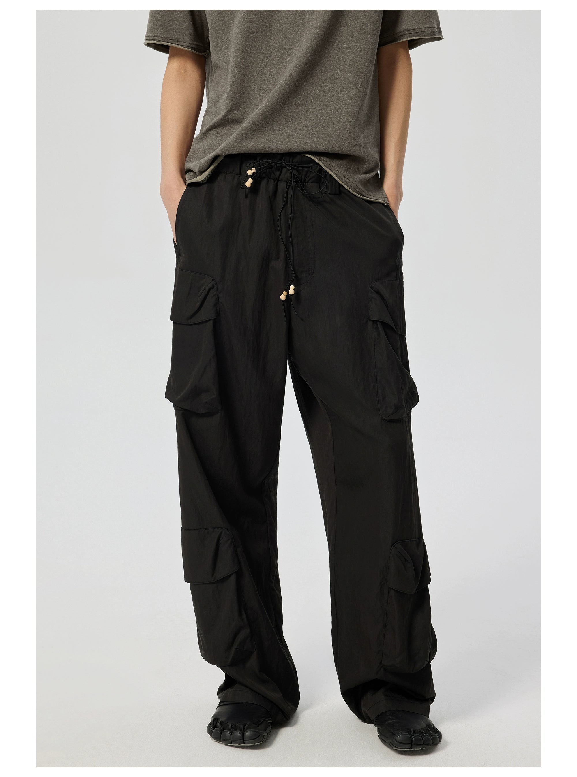 Wide-Leg Cargo Pants with Wood Bead Detail