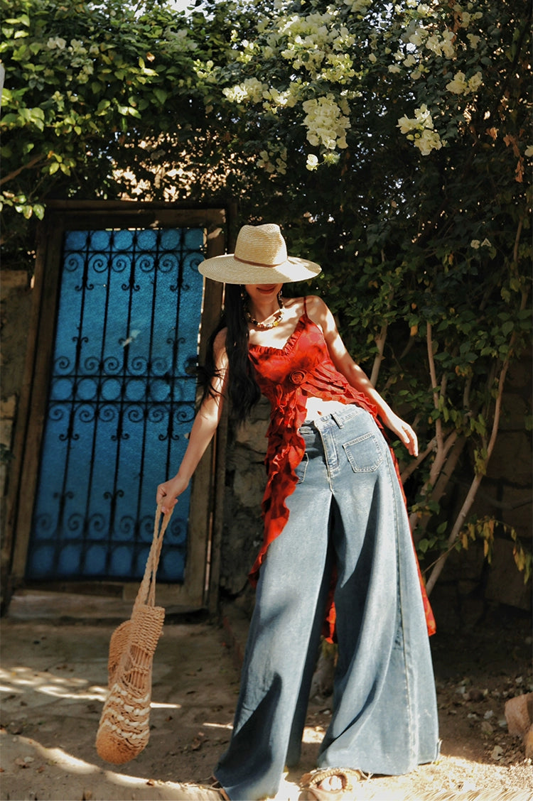 Vintage Distressed Edge Wide Leg Denim Jeans
