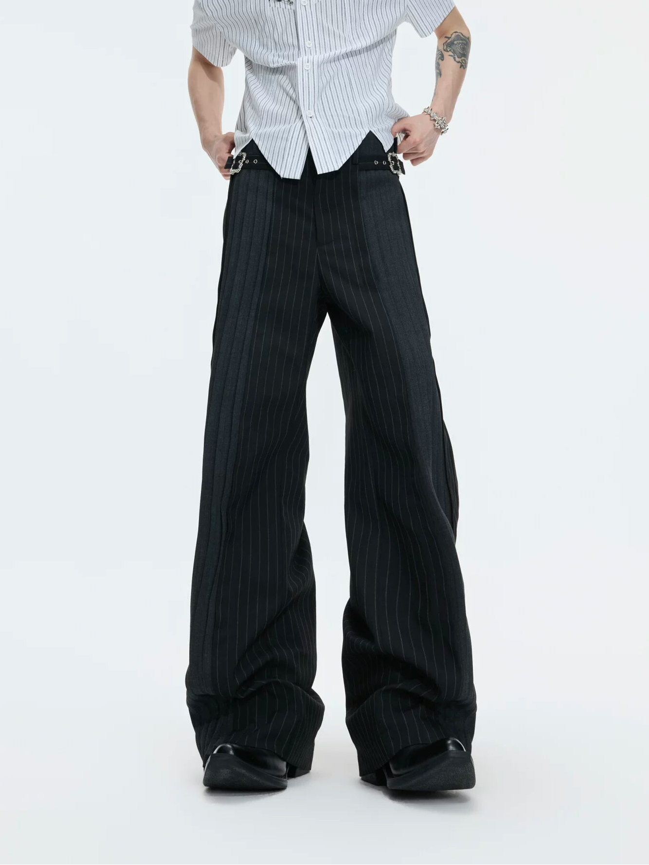 Pinstripe Buckle Waist Wide Leg Pants