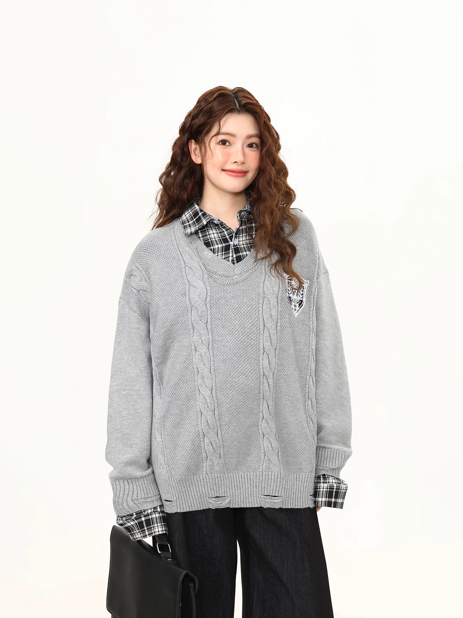 Slate Campus Cable Knit V-Neck Sweater