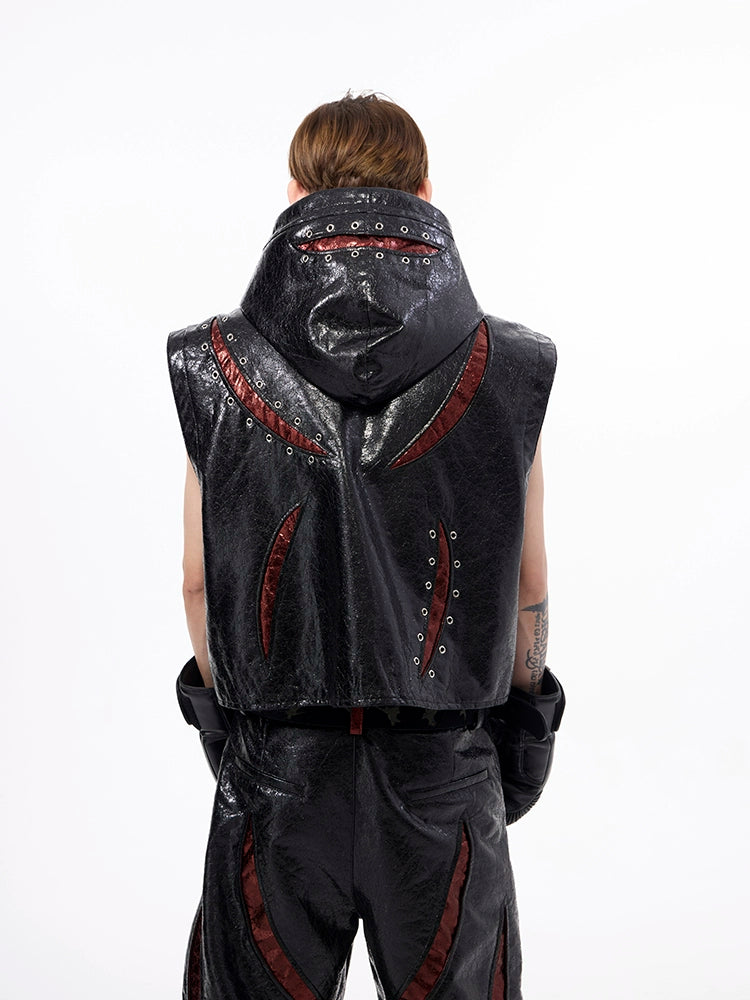 Black Hooded Faux Leather Vest