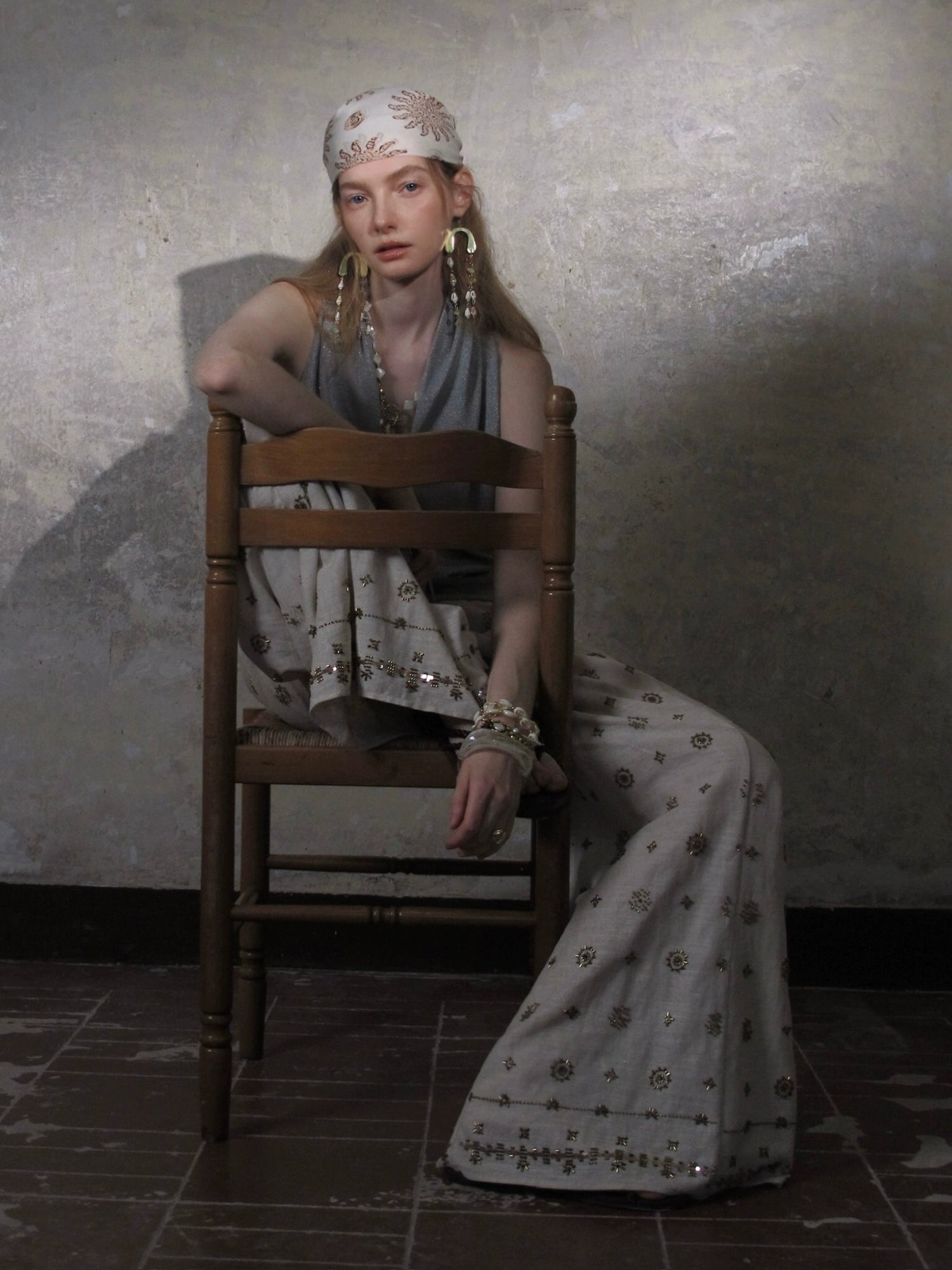 Wide-Leg Embroidered Linen Pants and Suit
