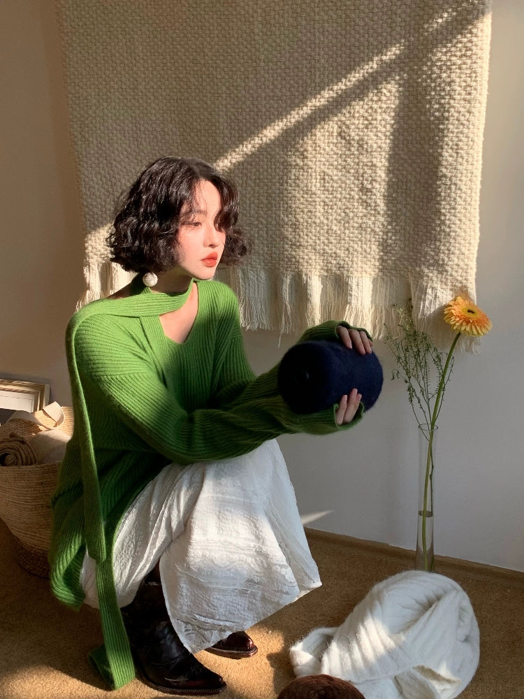 Ribbed Knit Sweater with Skinny Scarf