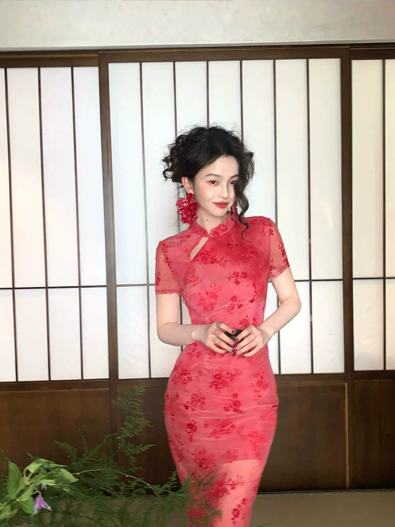 Sheer Floral Cheongsam-Inspired Maxi Dress