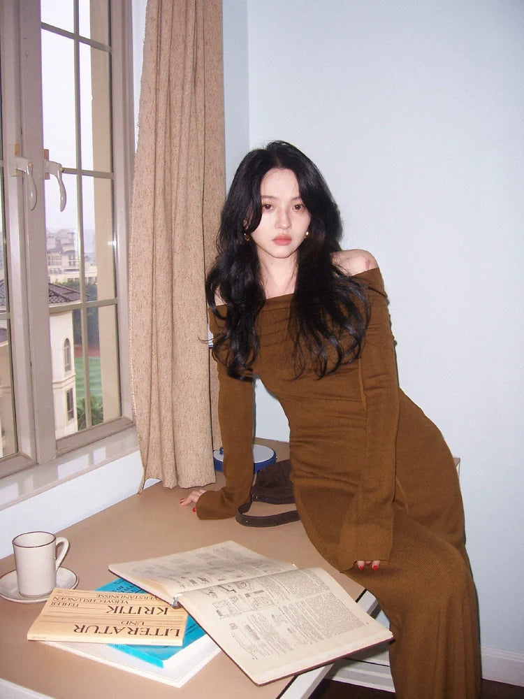 Shirred Lapel Knitted Blouse and Maxi Skirt Setup