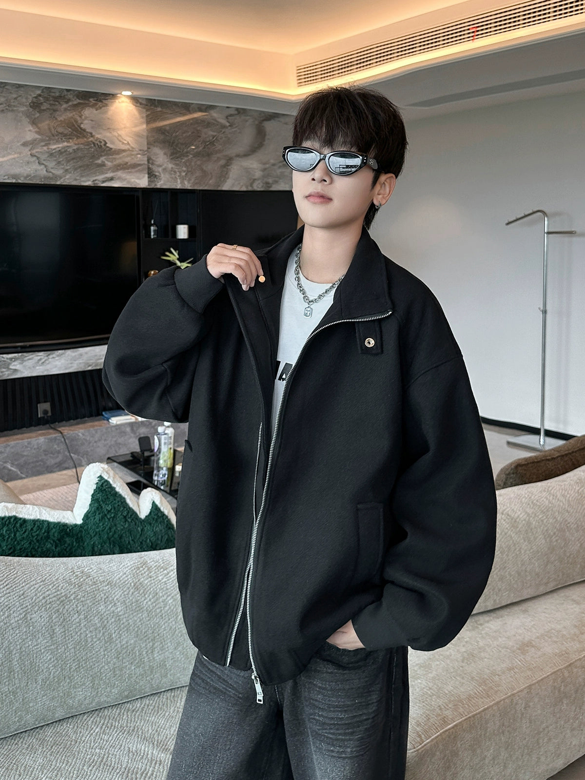 Oversized Stand Collar Zip Jacket