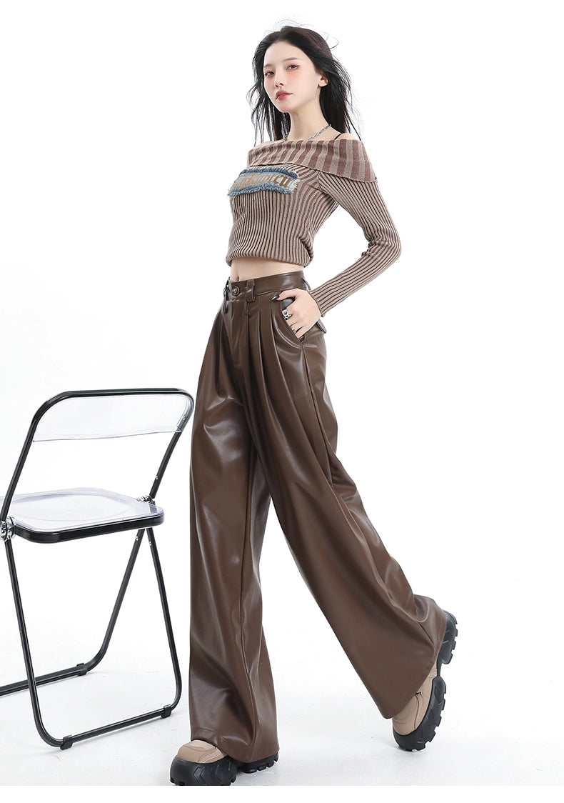 Coffee Wide-Leg Pu Leather Pants - chiclara