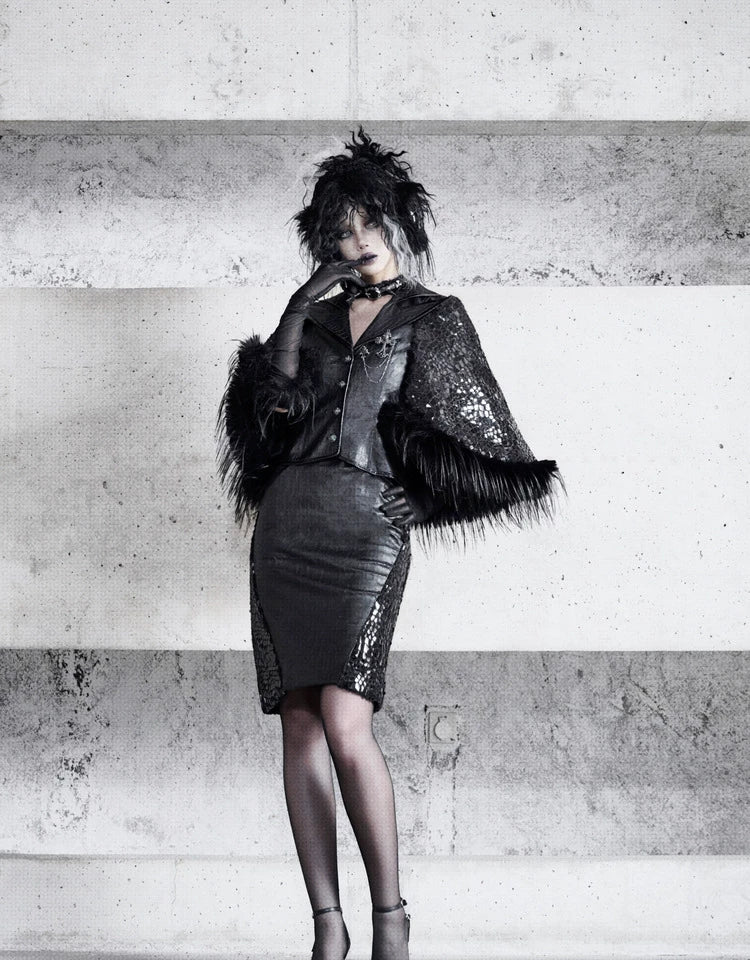 Black Snakeskin Mesh Faux Fur Pencil Skirt