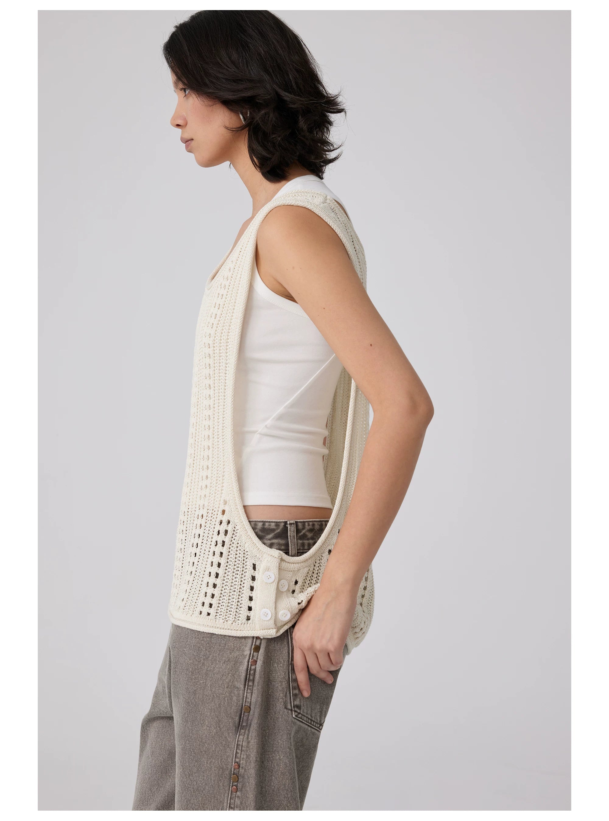Open-Knit Button-Detail Vest