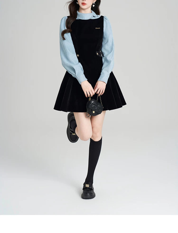 Velvet Pinafore Contrast Sleeve Dress